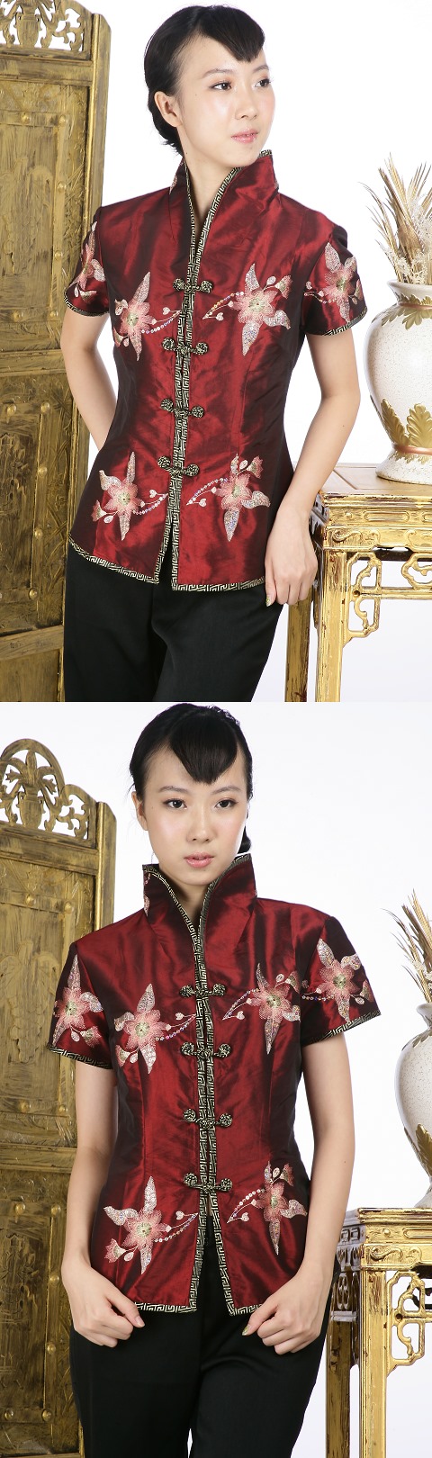 Short-sleeve Floral Embroidery Mandarin Blouse (Maroon)