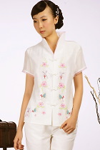 Short-sleeve Floral Embroidery Mandarin Blouse (Beige)