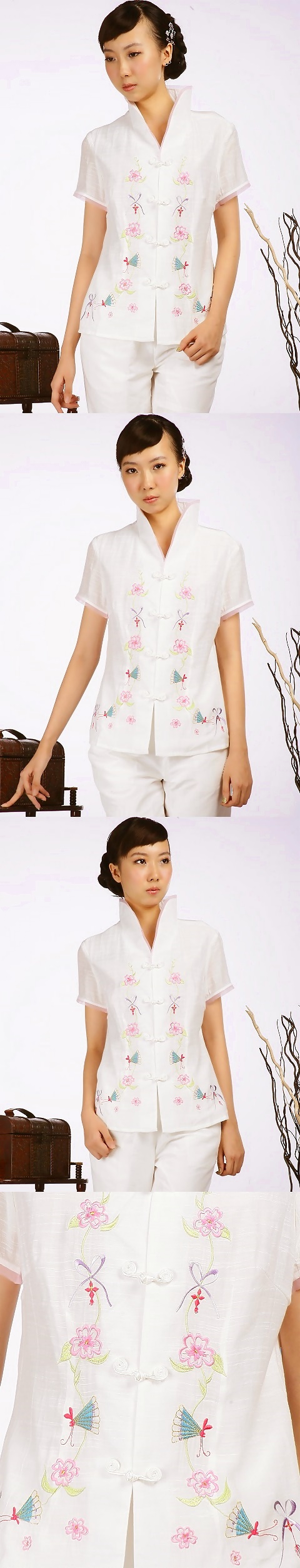 Short-sleeve Floral Embroidery Mandarin Blouse (Beige)