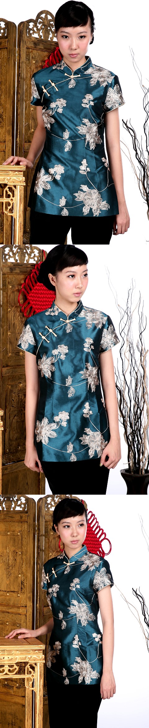 Short-sleeve Embossed Embroidery Mandarin Blouse (Green)