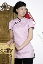 Short-sleeve Shadow Embroidery Mandarin Blouse (Light Violet)