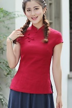 Short-sleeve Chinese Ethnic Cotton Linen Blouse (Ready-Made)