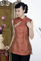 Sleeveless Chinese Poem Embroidery Mandarin Blouse (Rusty Red)