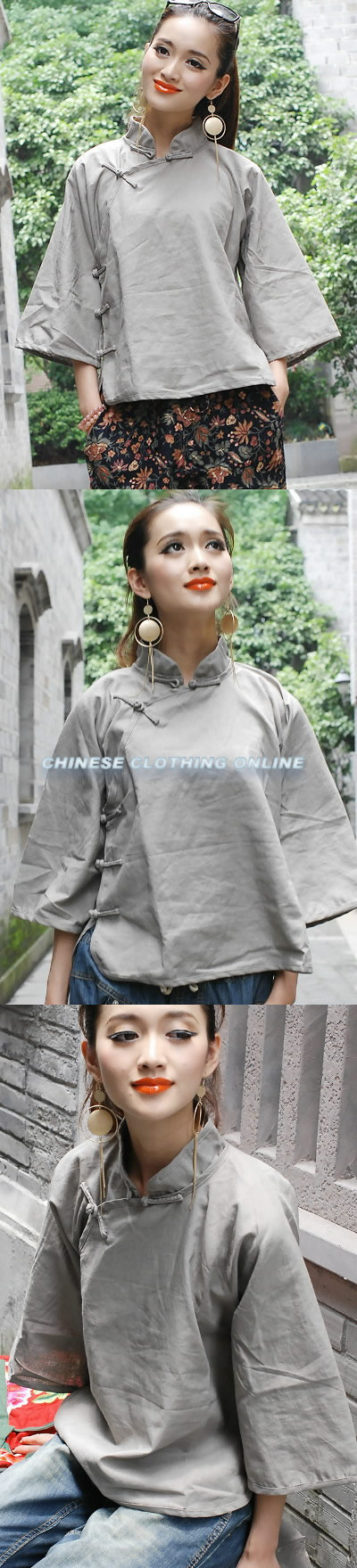 Ethnic 3/4-Sleeve Standing Collar Blouse (CM)