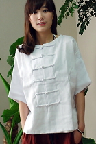 Ethnic Mid-sleeve Cotton Linen Front/Back Turnable Blouse (CM)