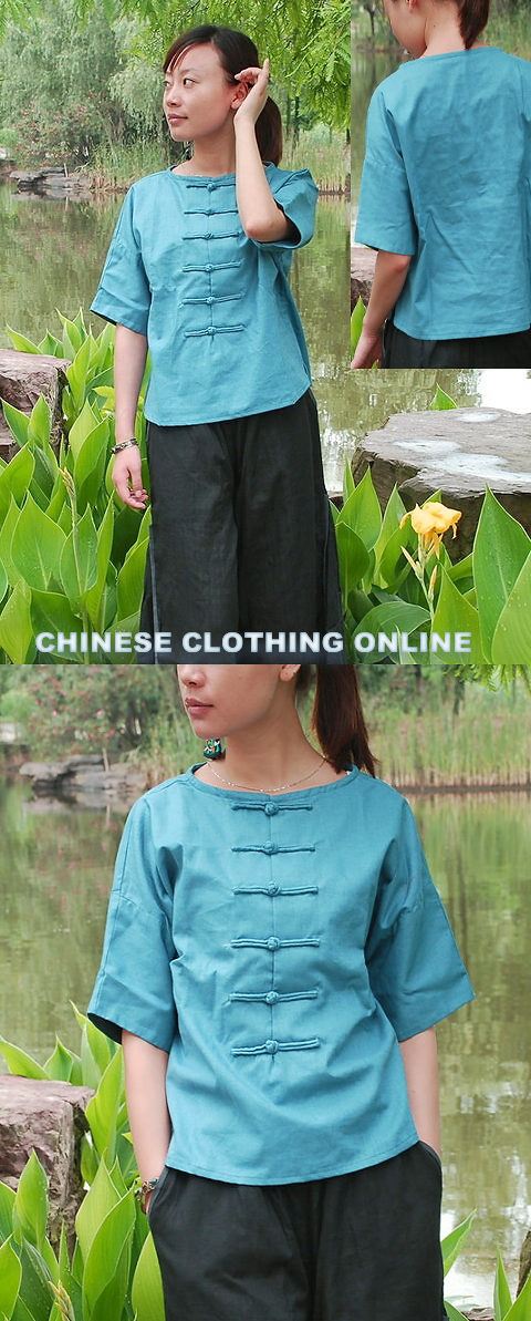 Ethnic Mid-sleeve Cotton Linen Front/Back Turnable Blouse (CM)