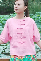 Ethnic Mid-sleeve Cotton Linen Front/Back Turnable Blouse (CM)