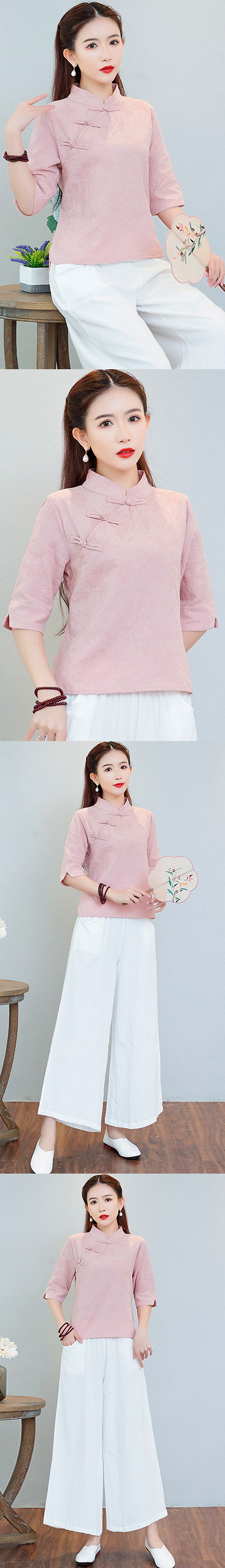 Elbow-sleeve Cotton Linen Chic Ethnic Suit (RM)