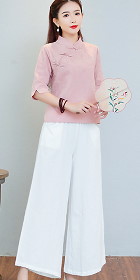 Elbow-sleeve Cotton Linen Chic Ethnic Suit (RM)