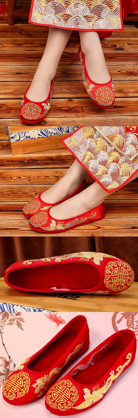 Embroidery Dragon-phoenix Double-happiness Wedding Shoes