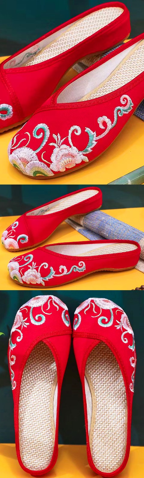 Flower Embroidery Slippers (Red)