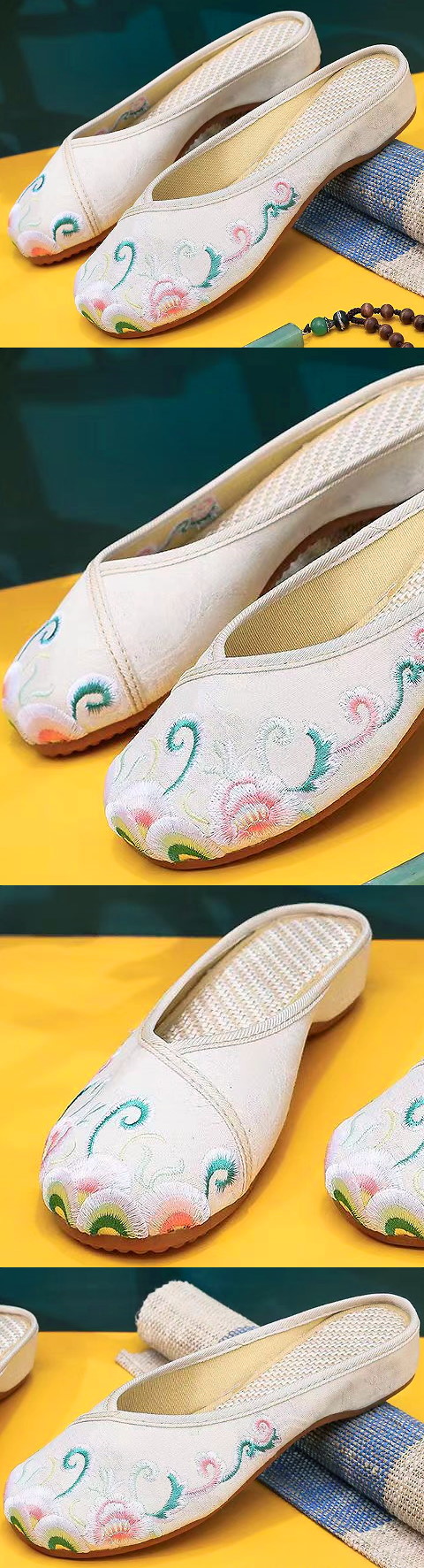 花卉刺繡拖鞋（米色）