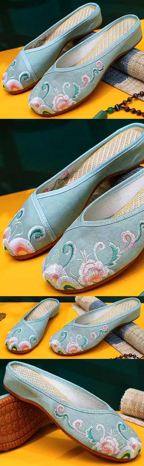 Flower Embroidery Slippers (Light Sea Green)