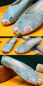 花卉刺繡拖鞋（淺海綠）