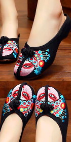 Chinese Opera Mask Embroidery Slippers (Black)