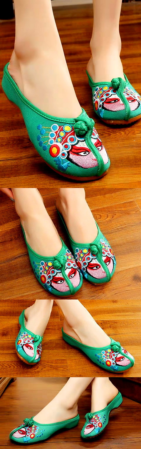 Chinese Opera Mask Embroidery Slippers (Green)