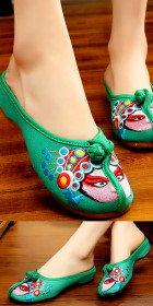 Chinese Opera Mask Embroidery Slippers (Green)