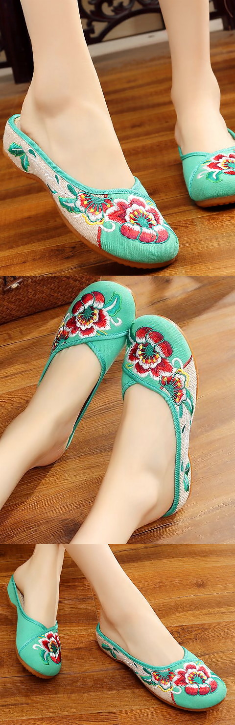 Flower Embroidery Slippers (Green)