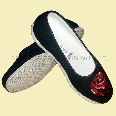 Embroidery Shoes - Red Peony (Black)