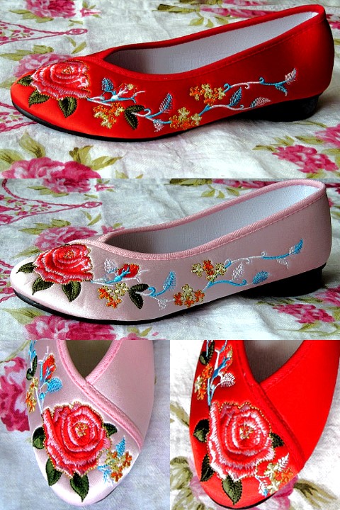 Low Heel Mudan Peony Embroidery Shoes (Multicolor)