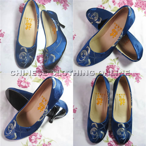 High Heel Mudan Peony Embroidery Shoes (Blue)