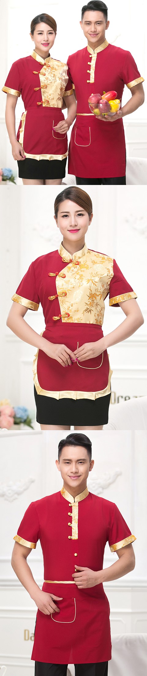 Mandarin Style Restaurant Uniform-Top (Crimson)