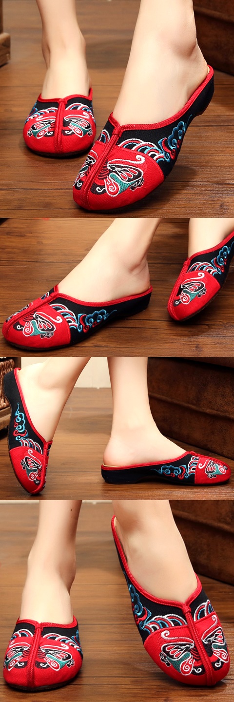 Butterfly and Flower Embroidery Slippers (Black)