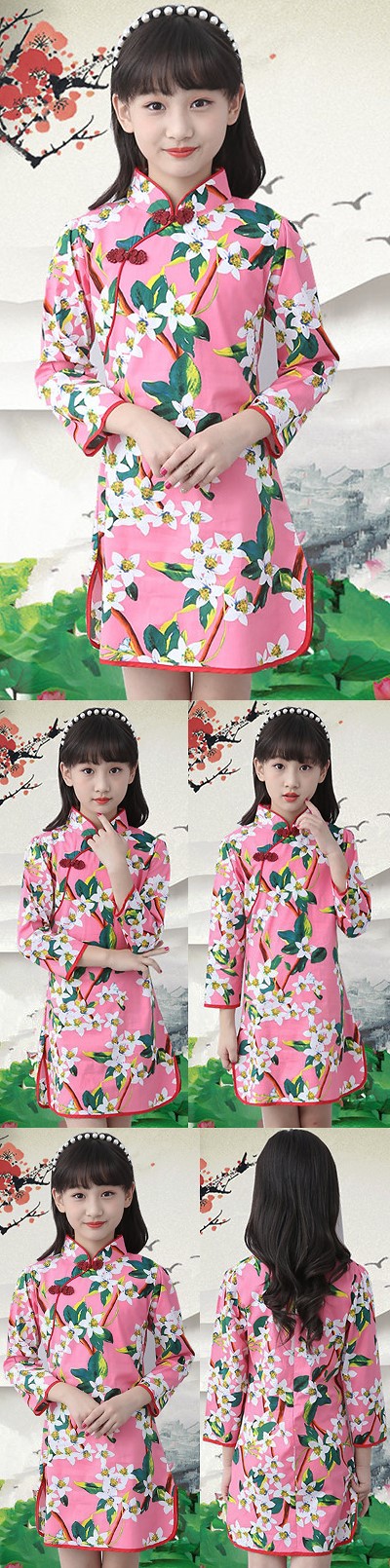 Girl's Long-sleeve Floral Cheongsam Dress (RM)