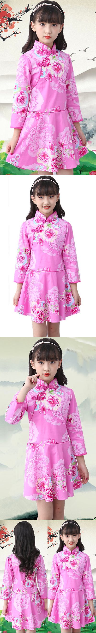 Girl's Long-sleeve Floral Cheongsam Dress (RM)