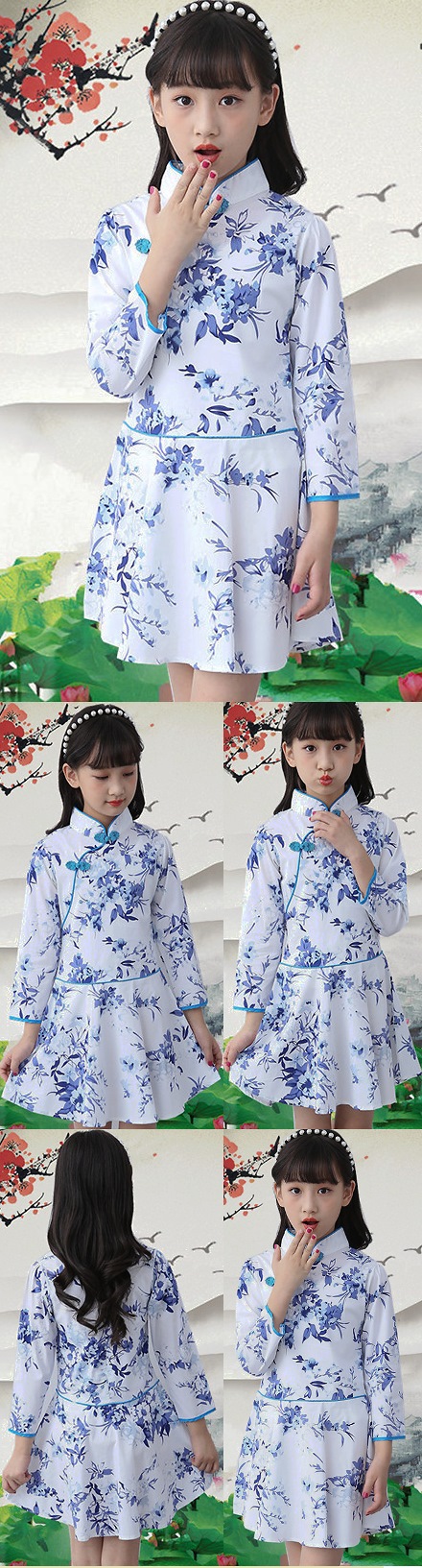 Girl's Long-sleeve Floral Cheongsam Dress (RM)