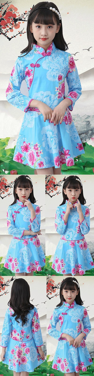 Girl's Long-sleeve Floral Cheongsam Dress (RM)