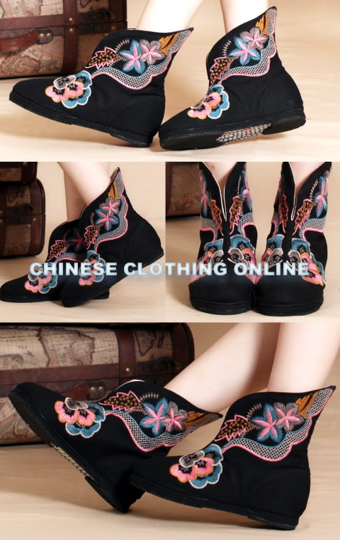Low Heel Floral Embroidery Mid Height Boots (Black)