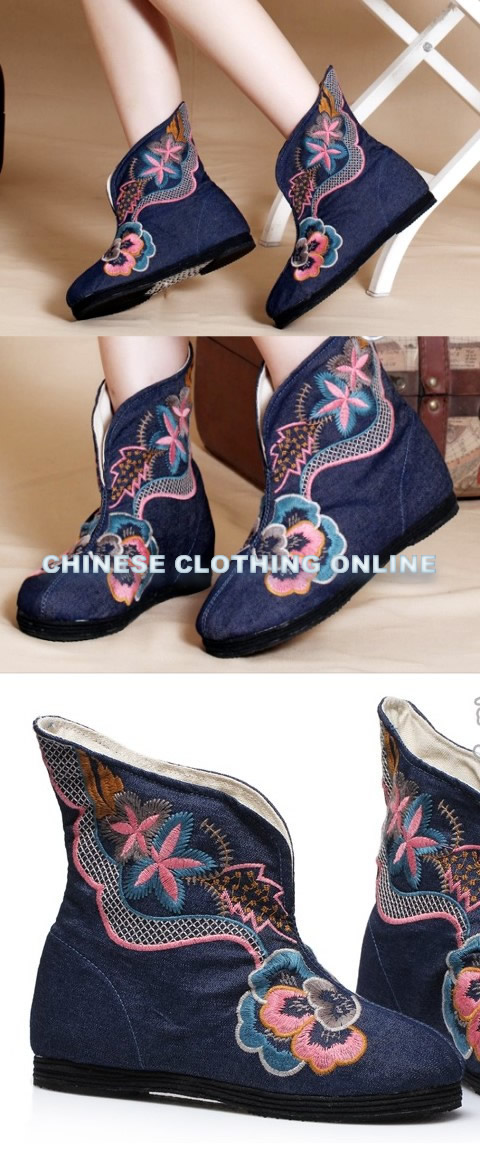 Low Heel Floral Embroidery Mid Height Boots (Blue)