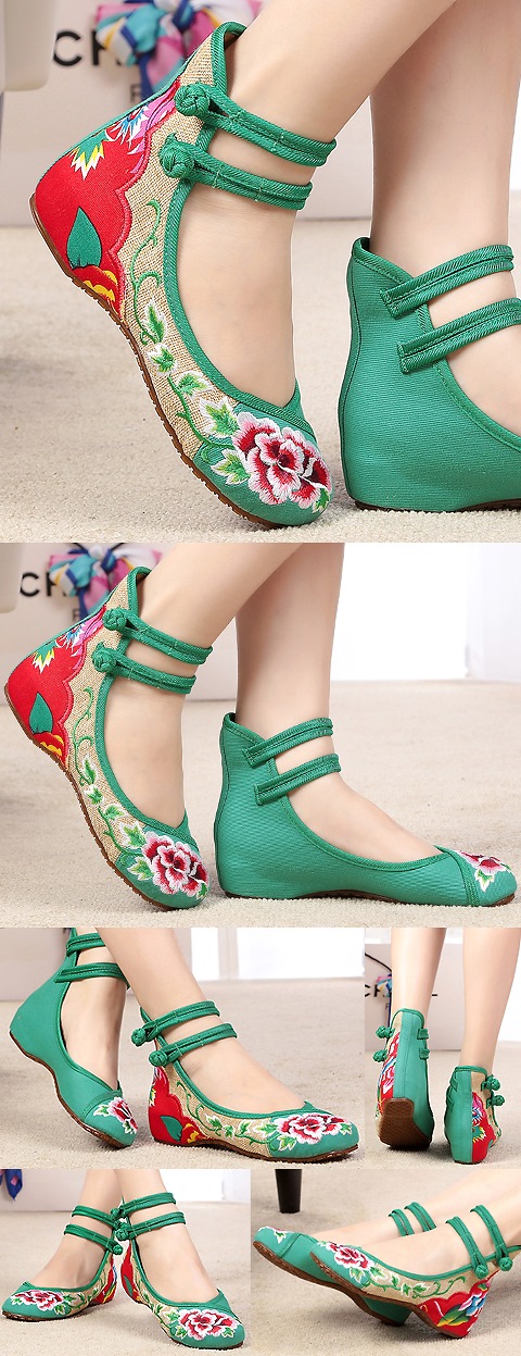Mid Heel Flower Embroidery Shoes (Green)