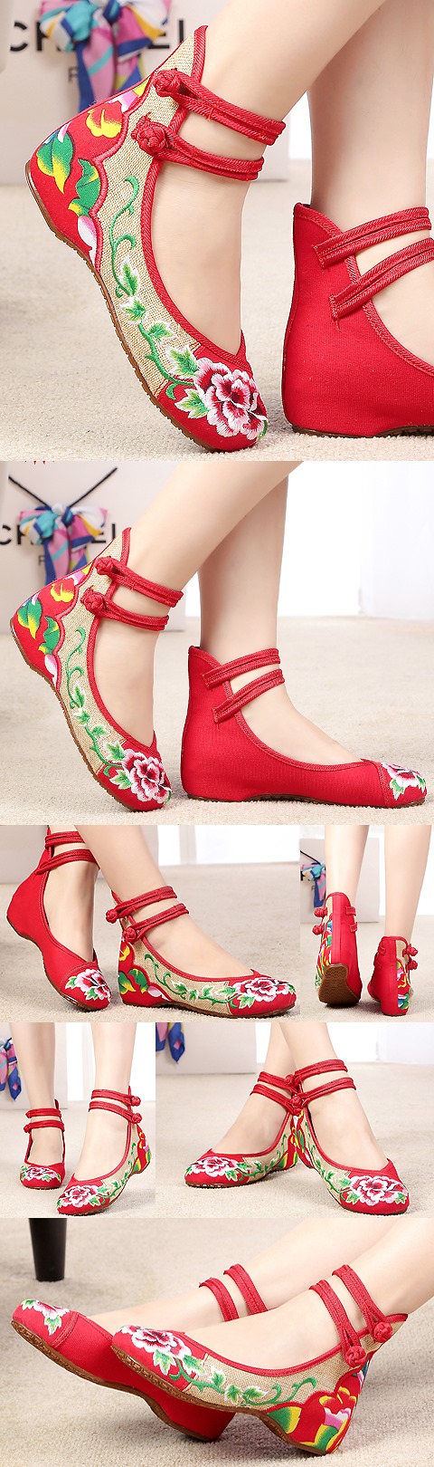 Mid Heel Flower Embroidery Shoes (Red)