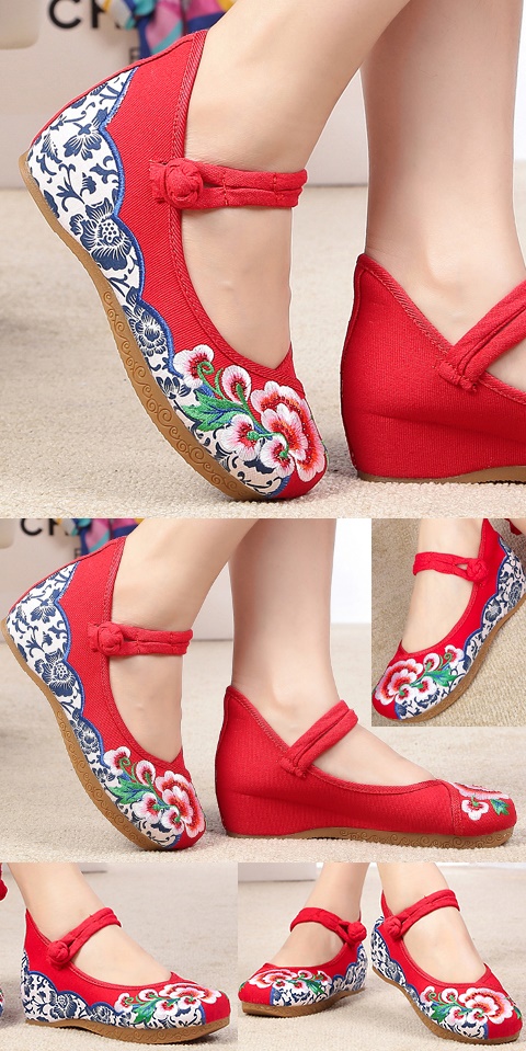 Mid Heel Flower Embroidery Shoes (Red)