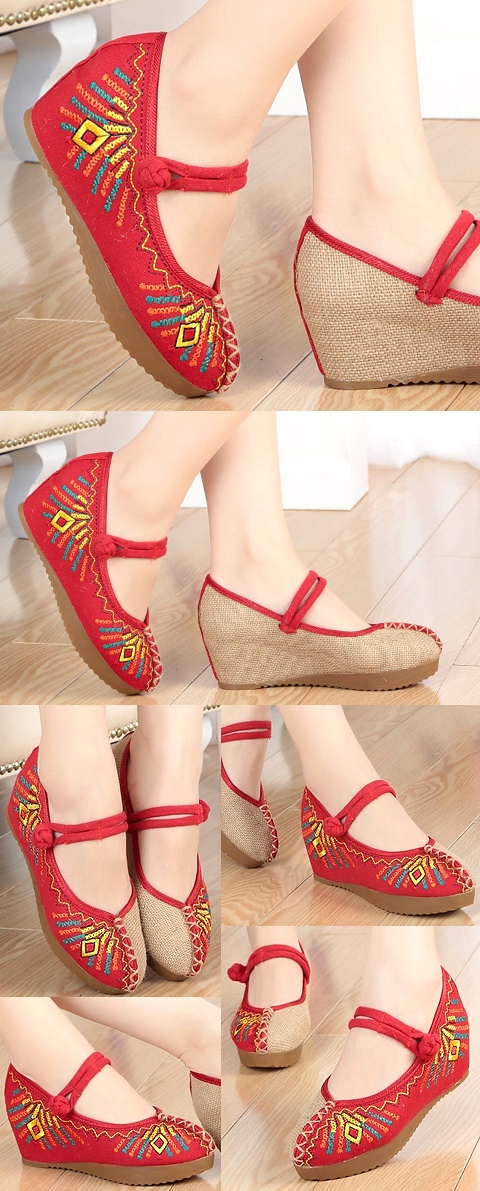 Mid Heel Abstract-pattern Embroidery Shoes (Red)