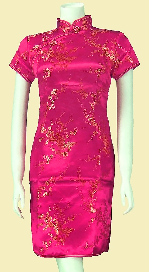 Bargain - Short-sleeve Short Brocade Cheongsam Dress - Fuchsia