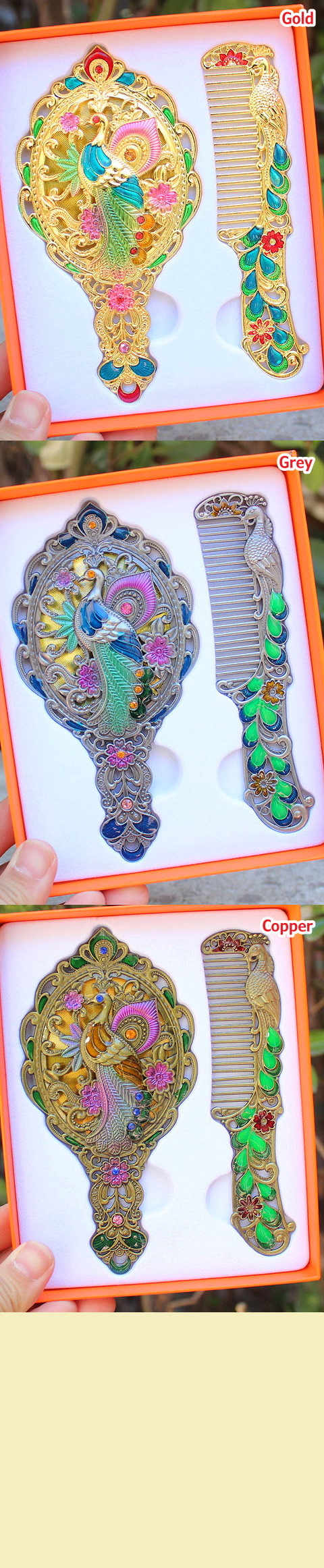 Archaic Style Peacock Mirror and Comb Set