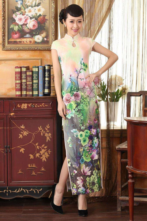 Long-length Cup-sleeve Printing Silky Cheongsam (RM)