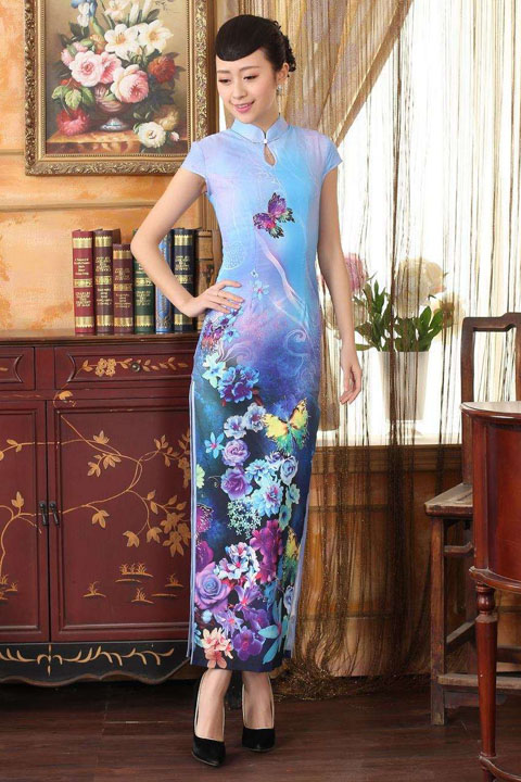 Long-length Cup-sleeve Printing Silky Cheongsam (RM)