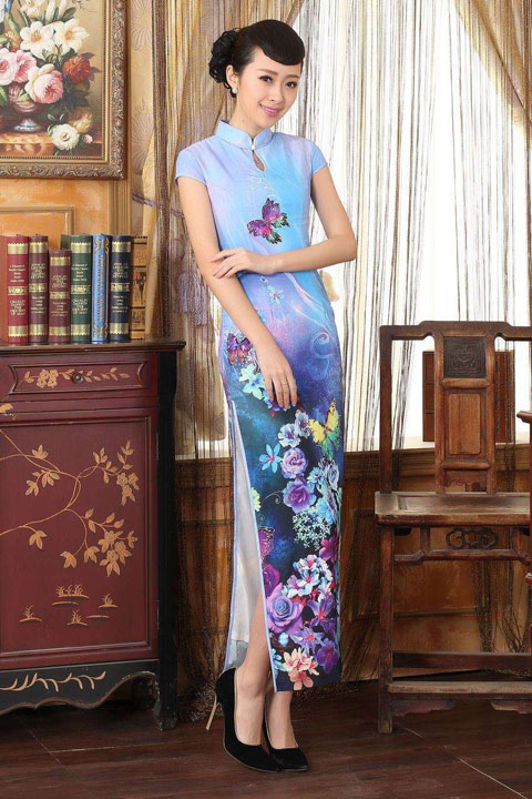 Long-length Cup-sleeve Printing Silky Cheongsam (RM)