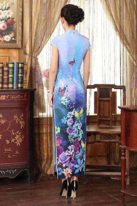 Long-length Cup-sleeve Printing Silky Cheongsam (RM)