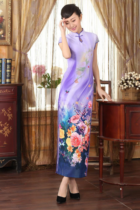 Long-length Cup-sleeve Silk Printing Cheongsam (RM)