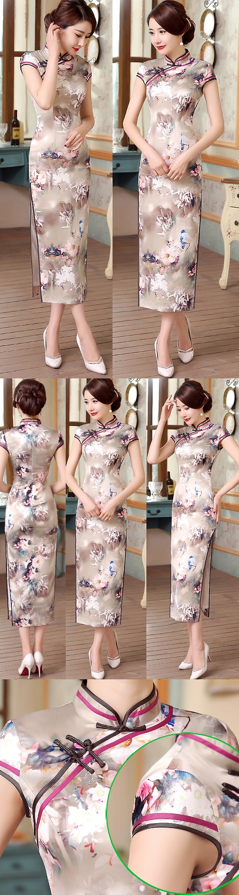 Cup-sleeve Silk Printing Cheongsam (RM)