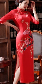 Elbow-sleeve Silk Printing Cheongsam (RM)