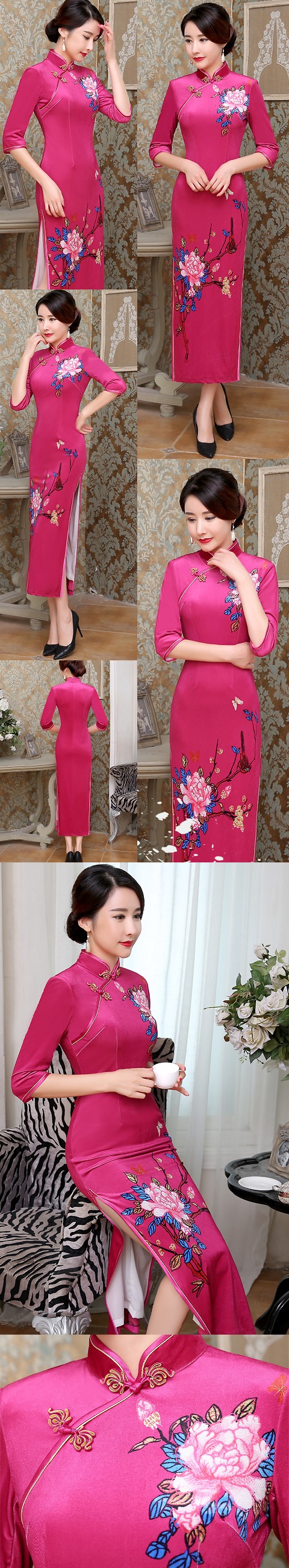 Elbow-sleeve Velvet Printing Cheongsam (RM)