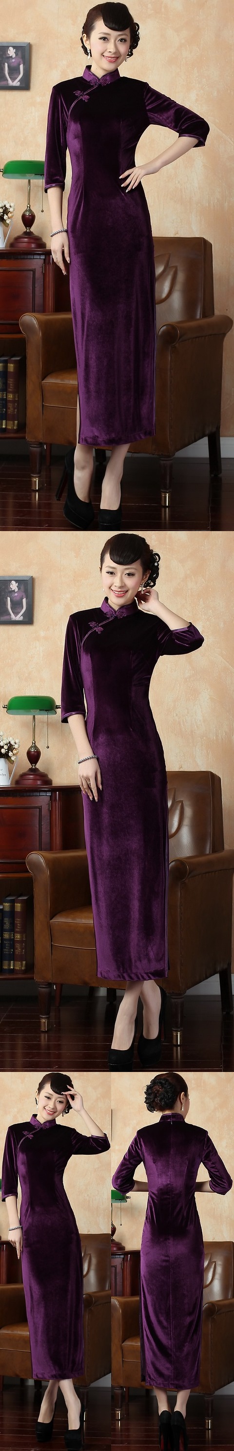 Elbow-sleeve Long-length Velvet Cheongsam (RM)