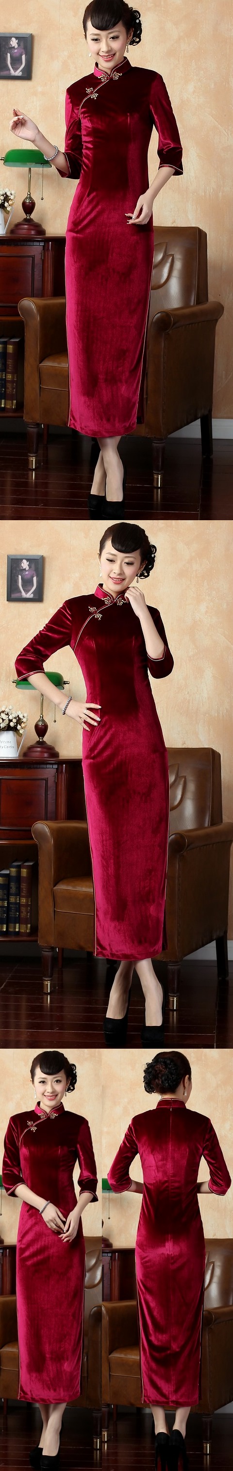 Elbow-sleeve Long-length Velvet Cheongsam (RM)