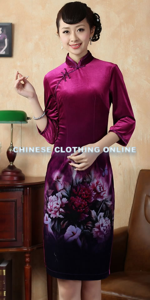 Elbow-sleeve Short-length Spray Painting Velvet Cheongsam (RM)